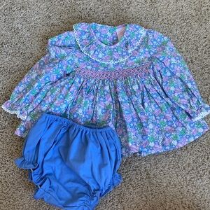 NWOT stitchy fish smocked blue, purple, green floral set